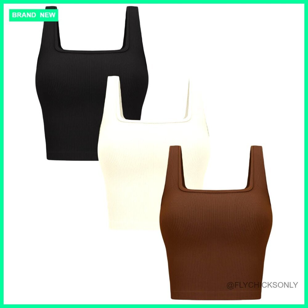 3 Pack Ribbed Crop Tank Tops Seamless Square Neck Workout Yoga Shirts